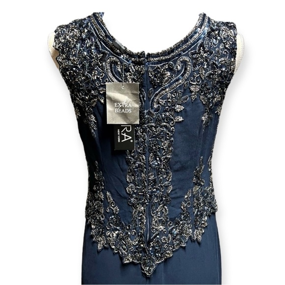 NEW J Kara Navy Mock 2 Piece Beaded Bodice Cap Sleeve Long Fit & Flare Dress - Picture 11 of 15